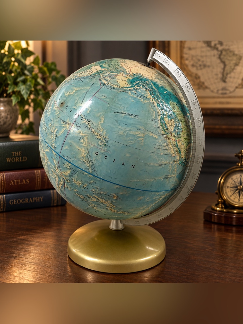 Vintage Rand McNally World Portrait Globe 12” Raised Relief Gold Metal Base